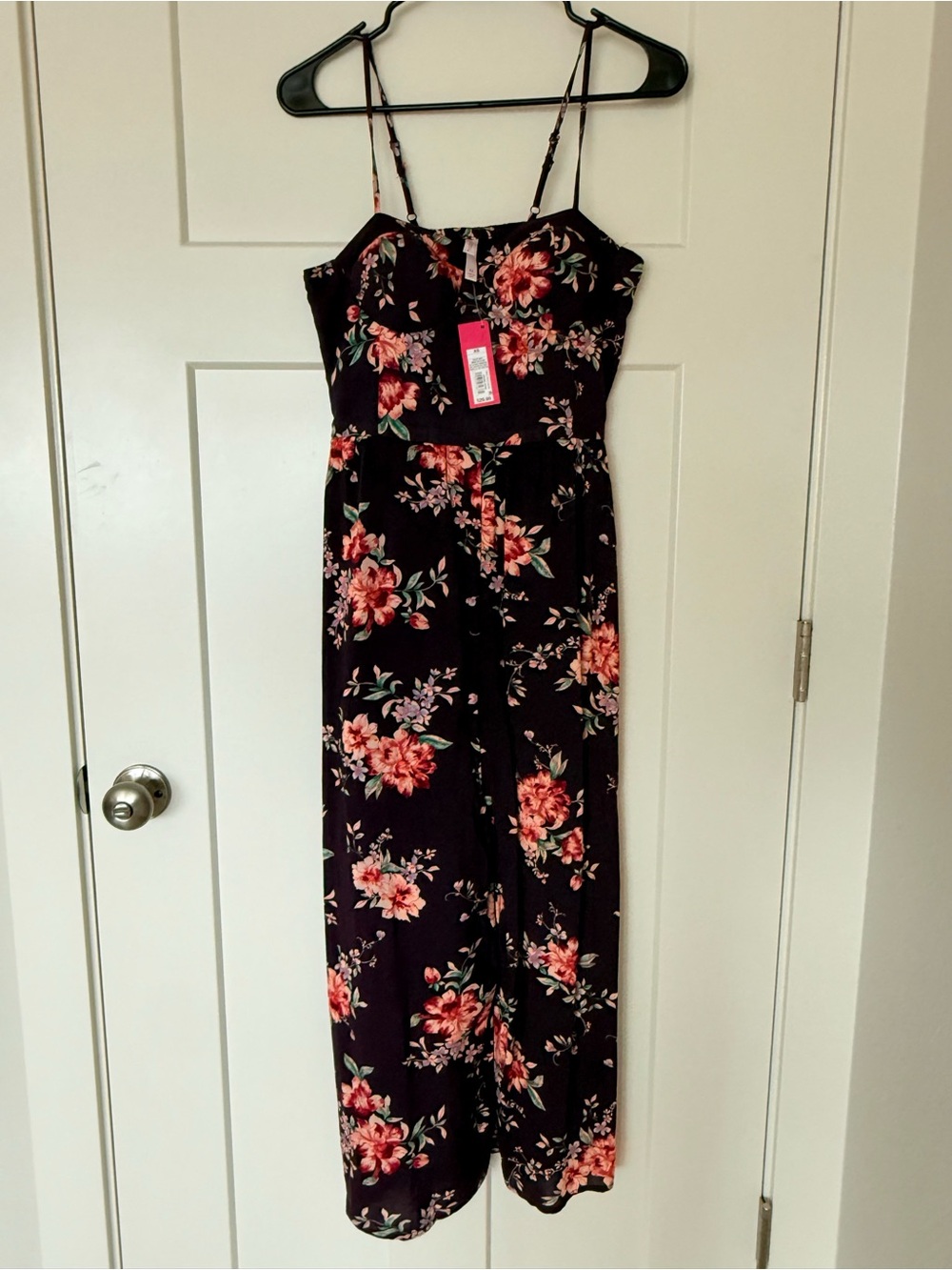 Xhilaration Black Floral Spaghetti-Strap Jumpsuit with Coral Blooms